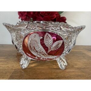 Vintage Hofbauer Byrdes Ruby Flash Crystal Bird Footed Bowl Lead Crystal Candy‎